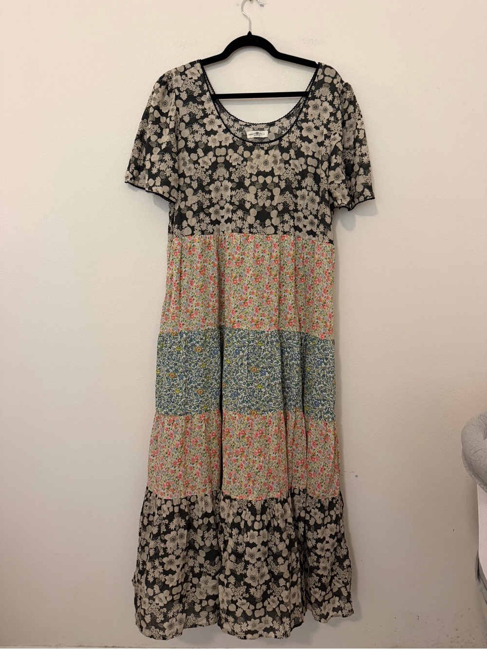 Natural Life Patchwork Tiered Maxi Dress Size Large Cotton Floral Boho Prairie